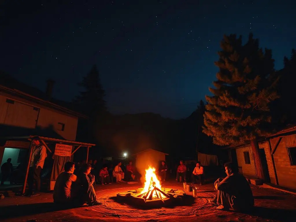 Evenings by the fire, Dharohar Homestay, Selur